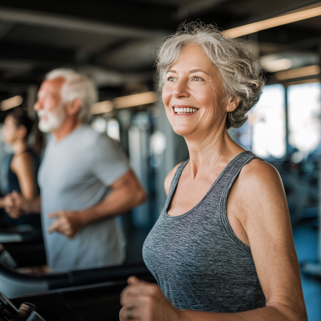 mature adults exercising together in comfortable fitness environment