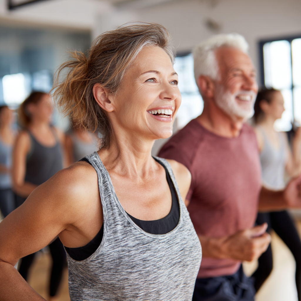 middle-aged adults enjoying group fitness session in bright studio